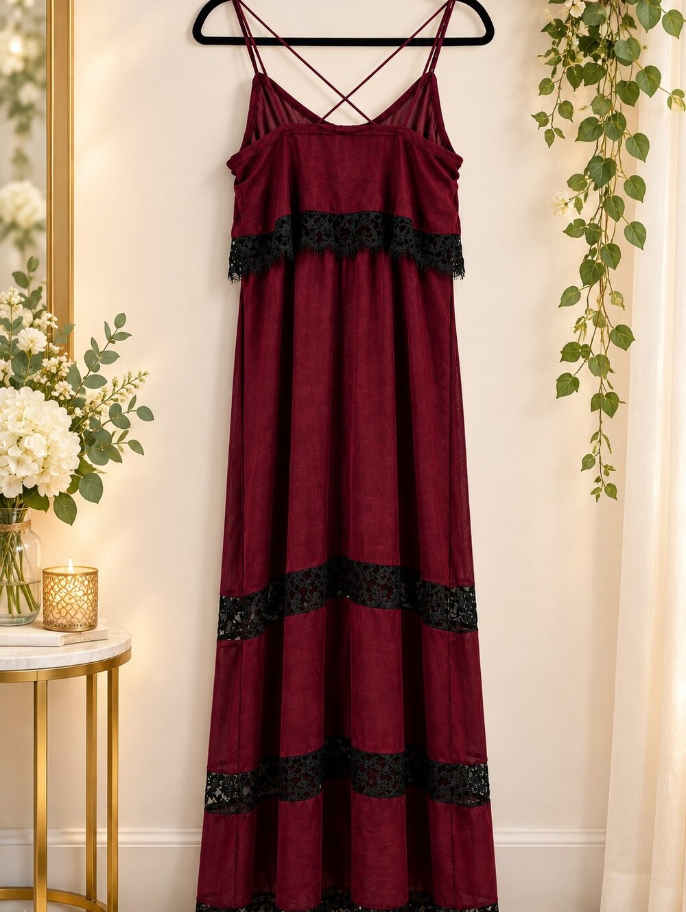 H&M Whimsigoth Burgundy Lace Maxi Dress Black Trim Fairy Grunge Boho Witchy Goth - Picture 8 of 8